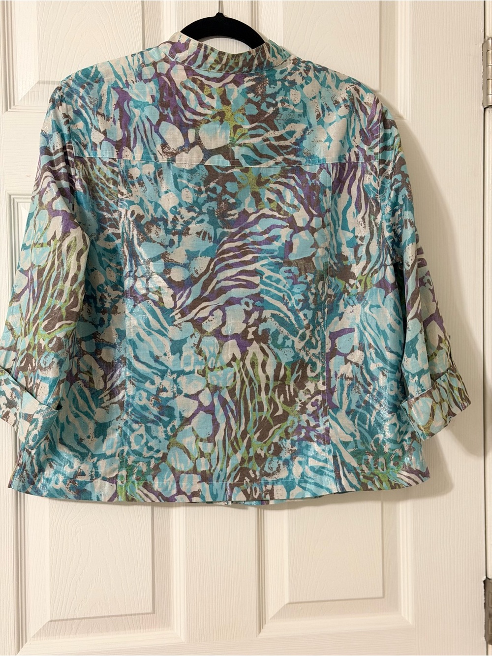 Ruby Rd. Turquoise Purple Multi-Print Button Front Shirt Jacket - Picture 4 of 9